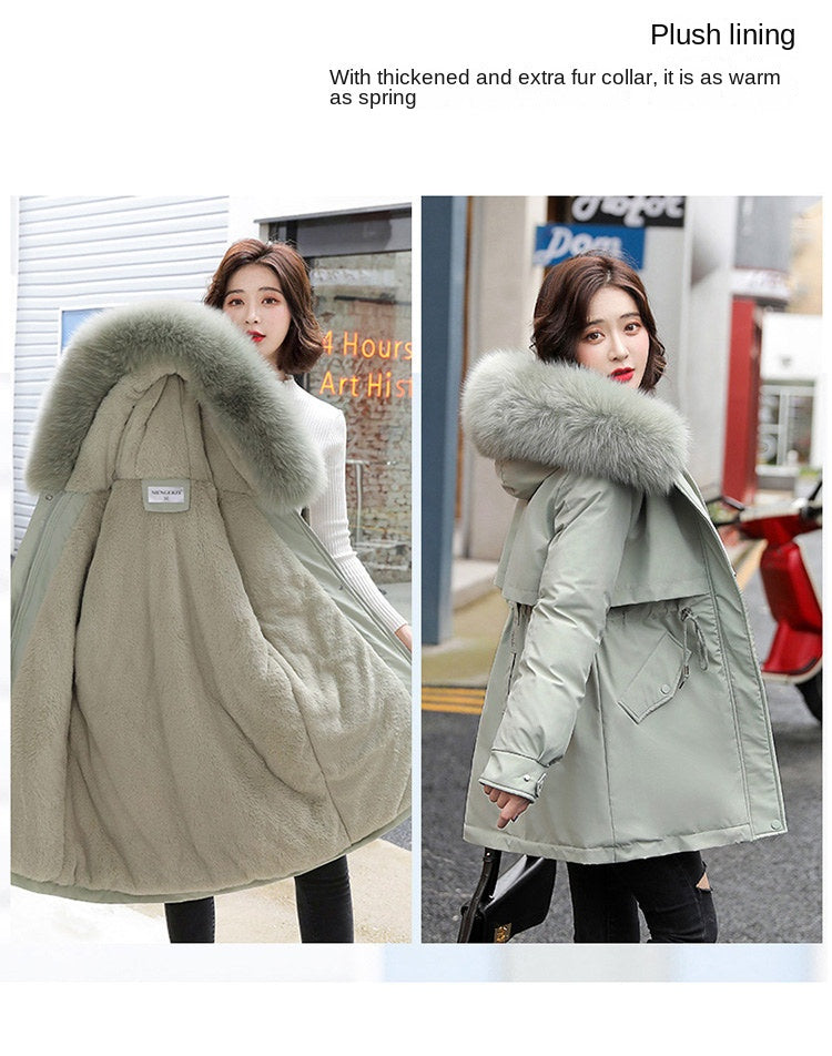 Women Parka Fashion 2023 Winter Jacket Slim with Fur Collar Warm Snow Wear Padded Clothes Long Coat Wool Liner Hooded Parkas