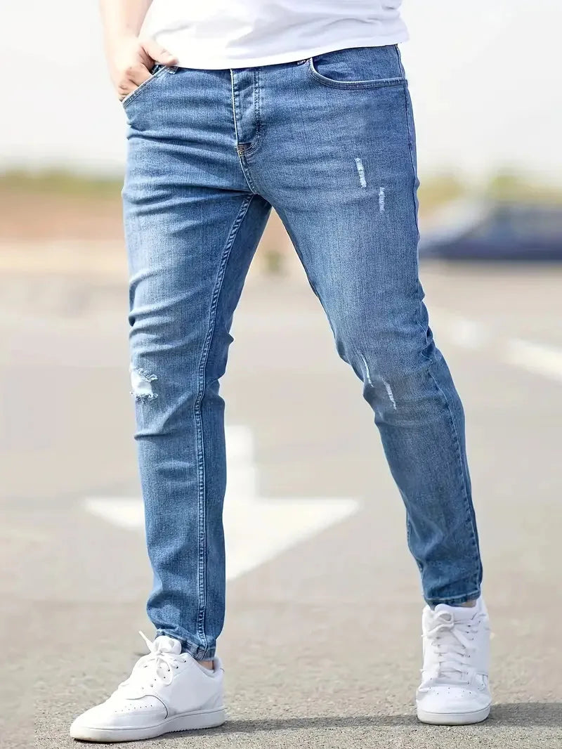 Pantalones vaqueros desgastados para hombre, ajustados, vintage, con agujeros, lavados, lisos, hasta el tobillo, estilo punk, con bolsillos, 2024