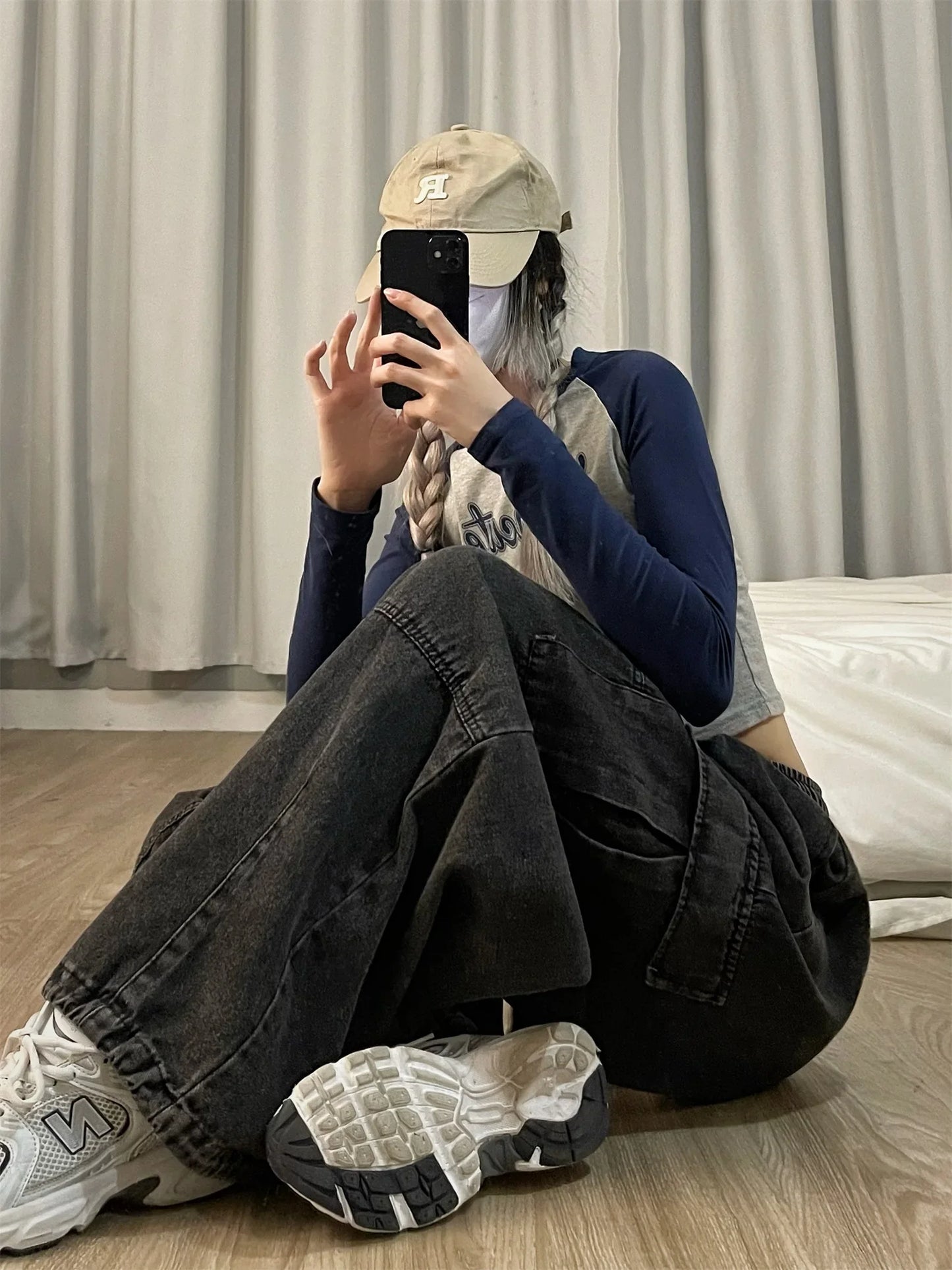 Vintage Blue Cargo Jeans Women Baggy Denim Pants Oversized Y2K Grunge Hip Hop Streetwear Harajuku Casual Wide Leg Trousers