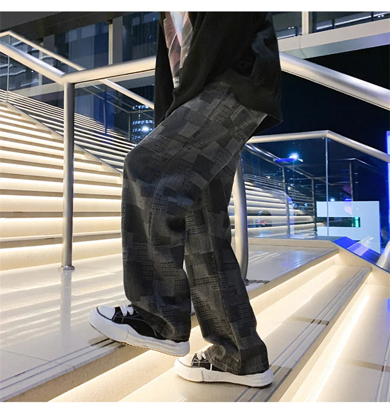 Autumn Blue Black Plaid Jeans For Men Y2K Vintage Wide-leg Jean High Street Loose Straight Denim Trousers Hip Hop Pantalones