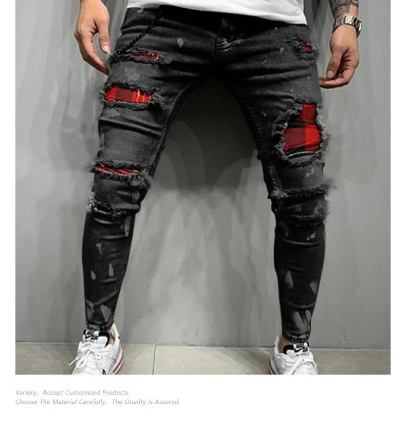 Pantalones vaqueros ajustados de cintura media con agujeros desgastados para hombre, estilo urbano, hasta el tobillo, lavados, 2025