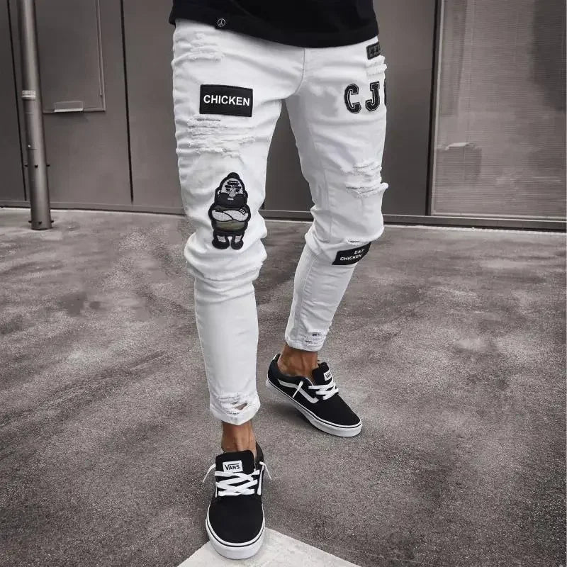 Punk Denim Pants Men Jeans Skinny Ripped Hole Patchwork Slim Pencil Denim Hip Pop Trousers Autumn Plus Size Streetwear Men's