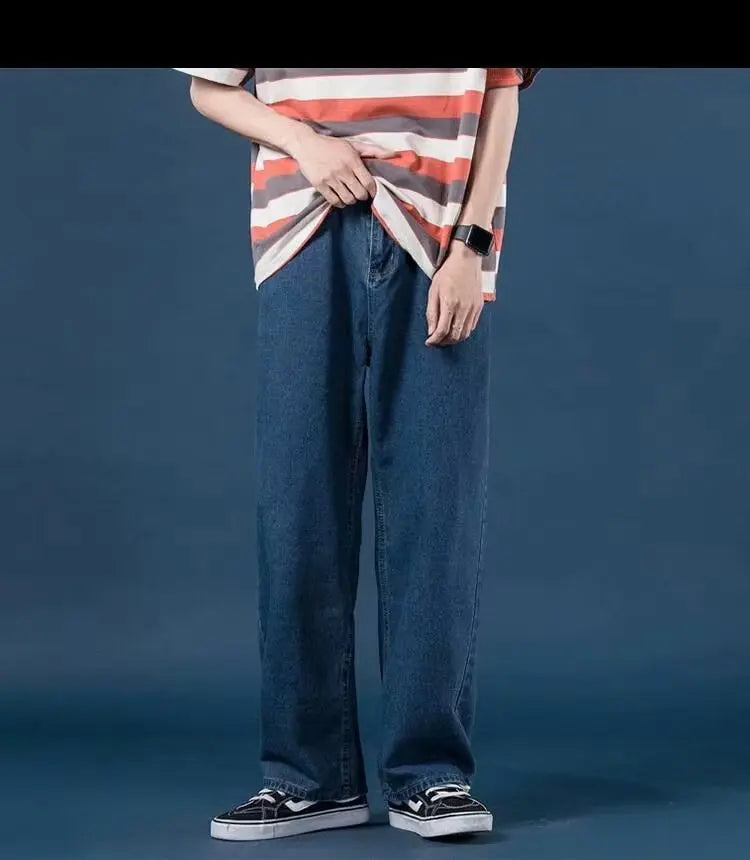 Pantalones vaqueros de mezclilla para hombre, de pierna ancha, largos hasta el suelo, holgados, informales, de cintura alta, lisos, sencillos y rectos, otoño 2024