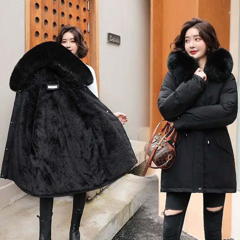 Spring Parkas Women Coats Mid Length Coat Thick Warm Hooded Drawstring Jackets Splice Zipper Tight Waist Jacket Autumn Winter
