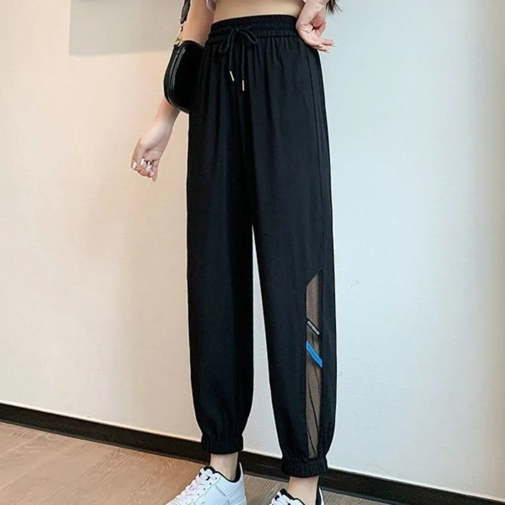 Pantalones casuales rectos y delgados con cordón de malla para mujer