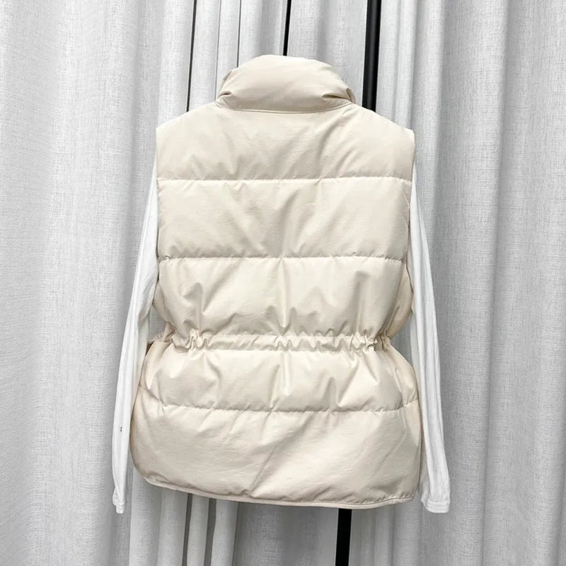 Parkas Women Vest Coats Thick Warm Sleeveless Turn Down Collar Drawstring Tight Waist Coat Single Breasted Autumn Winter