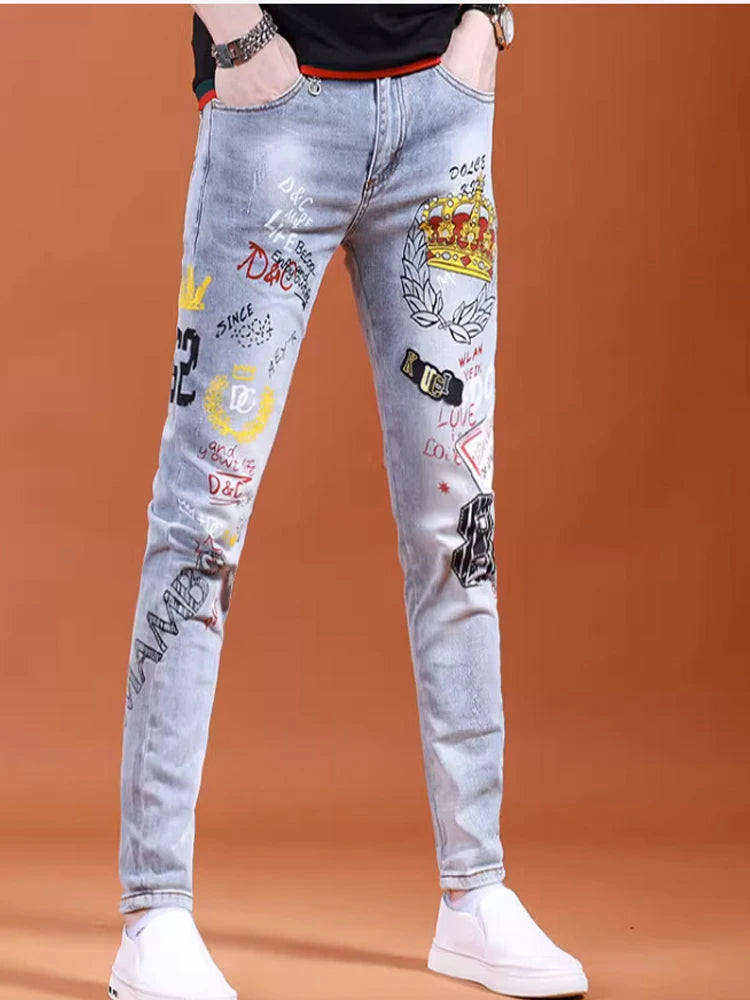 Pantalones vaqueros elásticos negros de alta gama, elegantes, clásicos y distintivos, con estampados para hombre, de alta calidad, ajustados y de lujo.