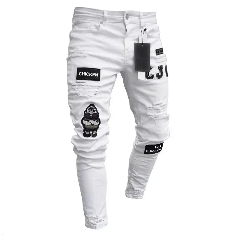 Punk Denim Pants Men Jeans Skinny Ripped Hole Patchwork Slim Pencil Denim Hip Pop Trousers Autumn Plus Size Streetwear Men's