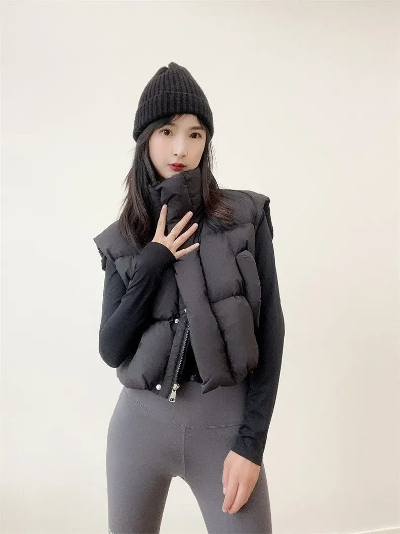 Women Warm Parkas Single Breasted Coats Autumn Winter Vest Coat Khaki High Waist Casual Vests Elegant Y2k Jackets Thick 2024