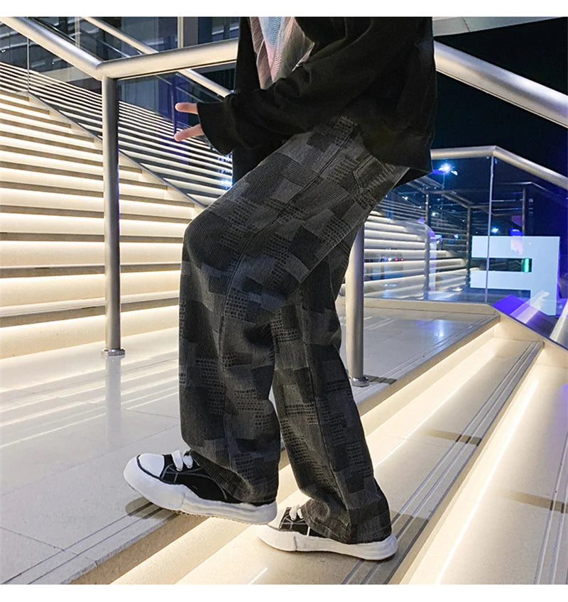 Autumn Blue Black Plaid Jeans For Men Y2K Vintage Wide-leg Jean High Street Loose Straight Denim Trousers Hip Hop Pantalones