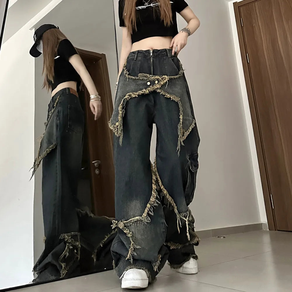 Pantalones vaqueros de estilo retro americano con borlas y costuras de estrella para mujer, pantalones holgados de pierna ancha, pantalones punk Y2K de moda