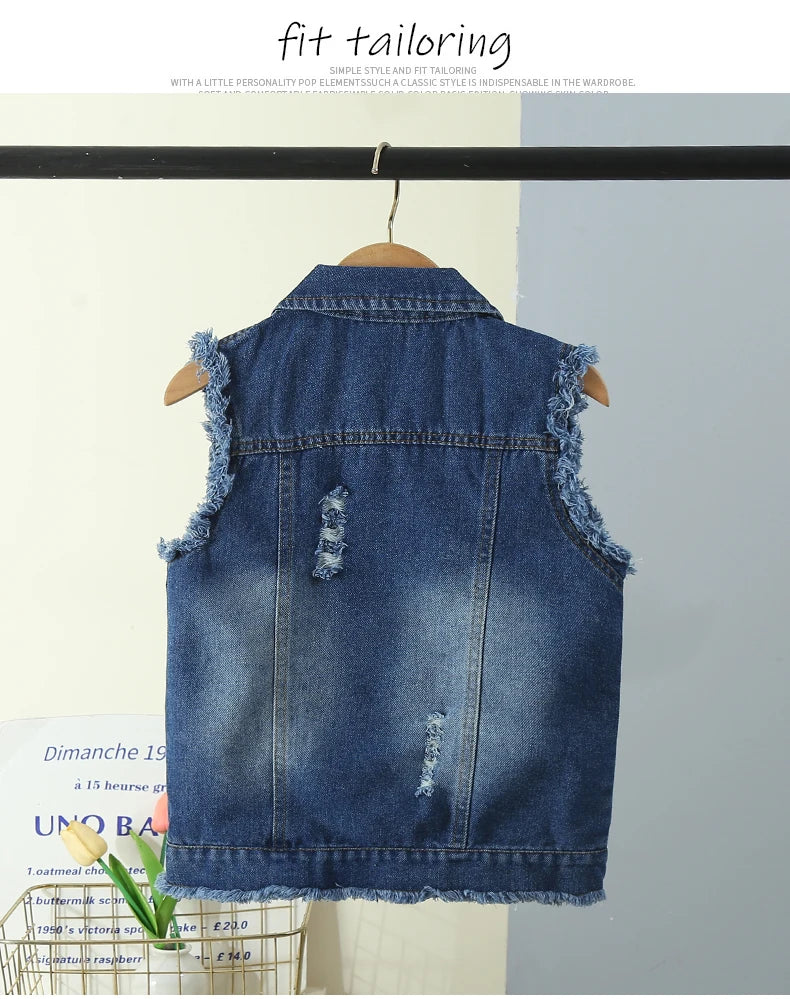Elegant Unisex Kids Denim Waistcoat with Raw Hem for Boys Girls Casual Sleeveless Jeans Jacket Vest Child Fashion Waist Coat