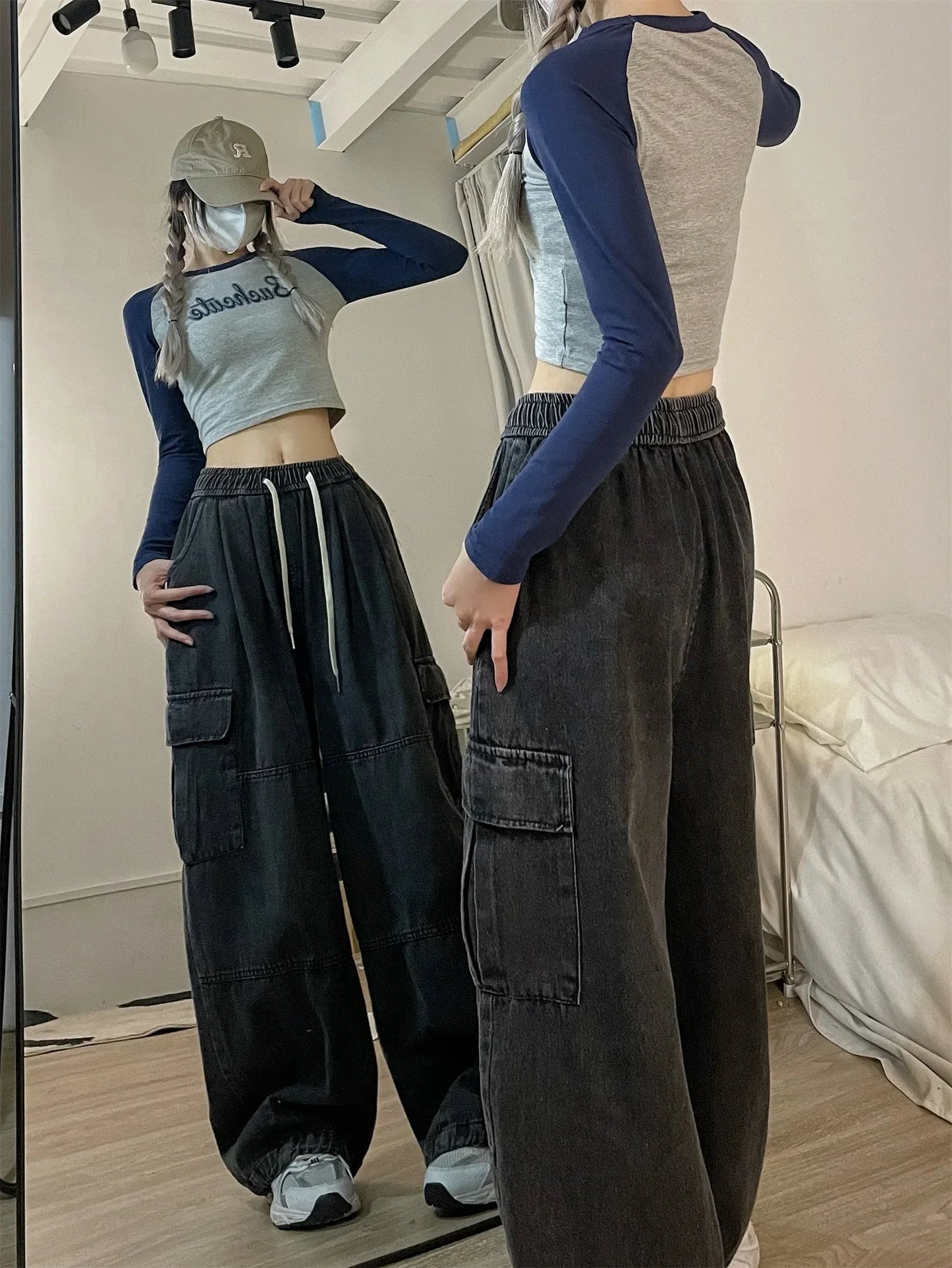 Vintage Blue Cargo Jeans Women Baggy Denim Pants Oversized Y2K Grunge Hip Hop Streetwear Harajuku Casual Wide Leg Trousers