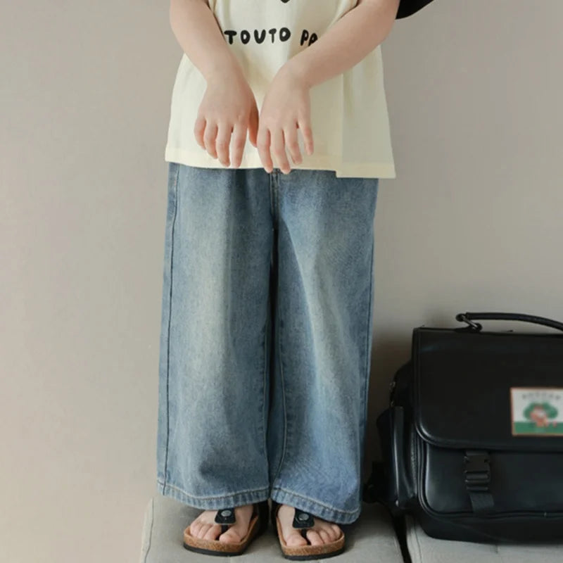 Pantalones vaqueros de cintura alta y pierna ancha para niñas de 3 a 8 años, lisos, con múltiples bolsillos y cintura elástica, pantalones vaqueros casuales de moda para niños.