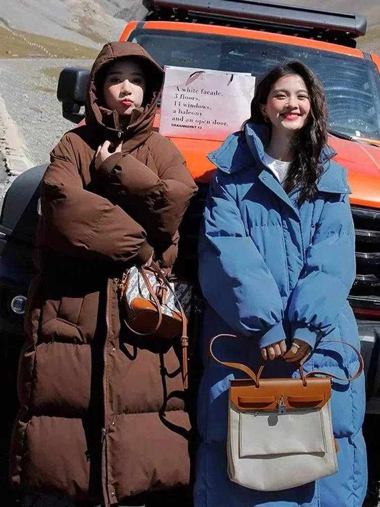 New Winter 2024 Women's Long Jacket Jacket Thickened Korean Loose Stylish Windproof Warm Hooded Down Cotton Jacket Coat