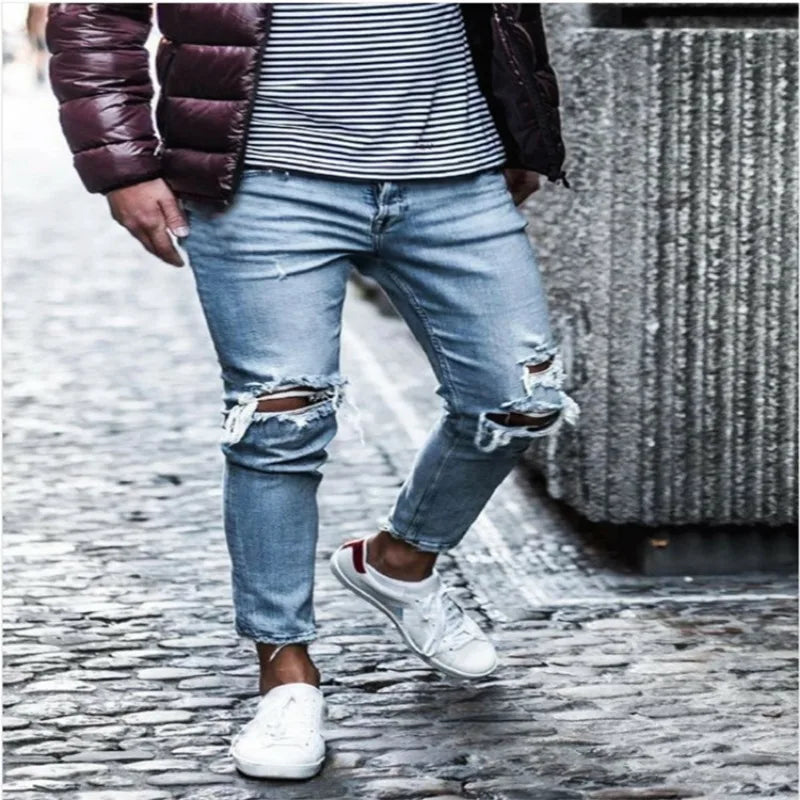 Pantalones vaqueros desgastados para hombre, de otoño, ajustados y adelgazantes, nuevos pantalones elásticos, pantalones de pierna pequeña para hombre.
