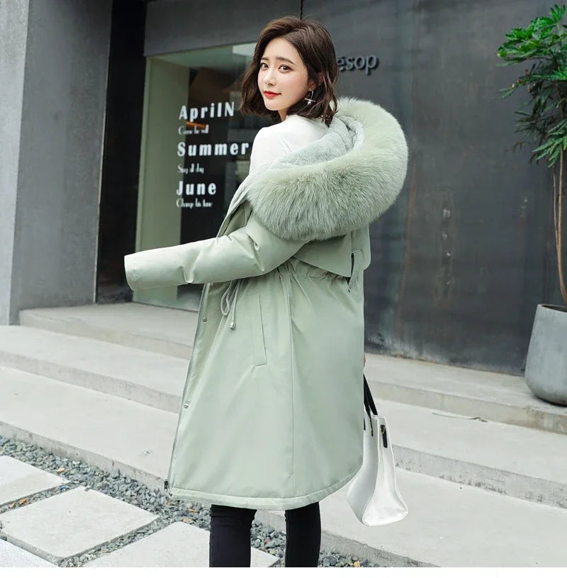 Cotton Liner Parker Women Long Coat Parka Coats Adjustable Waist Fur Collar Winter Jacket Coat Medium Long Hooded Parka Jackets