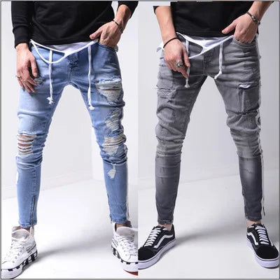Pantalones vaqueros para hombre, de cintura alta, color liso, lavados, ajustados, con bolsillos, ligeramente elásticos, largos hasta los tobillos, informales, 2024