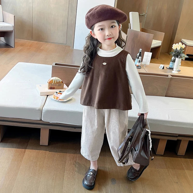 Girls Autumn Spring Clothing Set Fashion Children's Bow Tie Vest + Undershirt + Wide-Leg Pants Three-Piece Set 2025 New