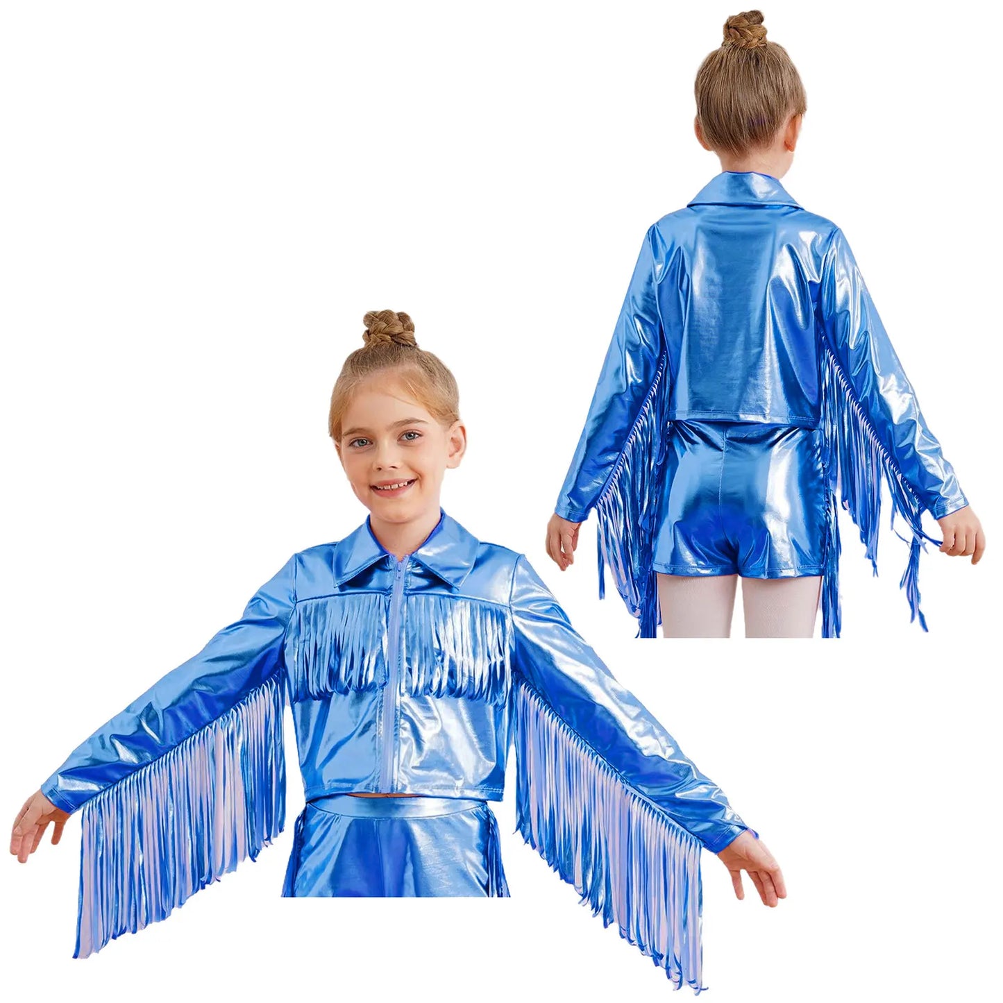 Kids Girls Tassels Metallic Jacket Top Fringe Shiny Turn-Down Collar Long Sleeve Zipper Jacket Coat for Hip Hop Street Dance