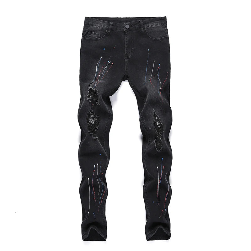 New Jeans Paint For Men Spring Summer Fashion Men Wash Worn Holes Patch Paint printing micro-bullet Small Feet Black Male Denim