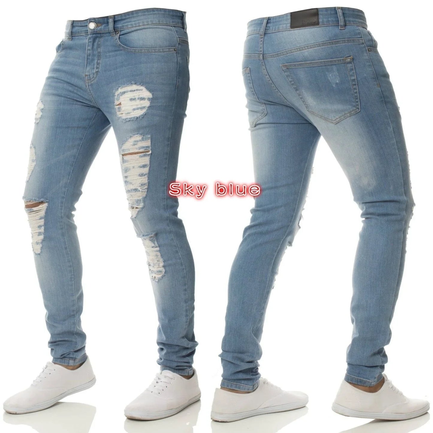 Men Jeans Pencil Pants Denim High Waist Slim Fit Sheath Solid Color Holes Slight Strech Spring Ankle Length Streetwear