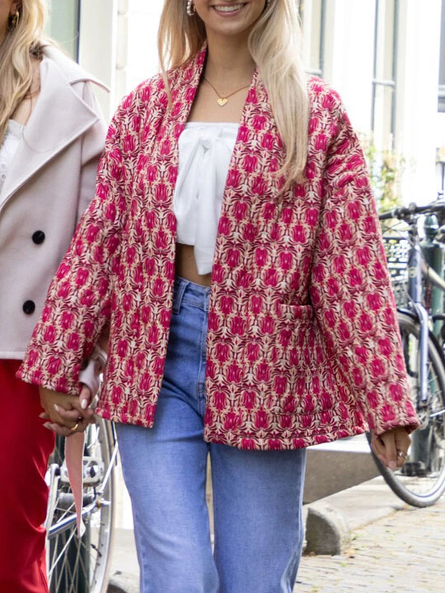 2024 New Fashion Women Winter Padded Jacket Vintage Print Open Front Quilted Long Sleeve Coat Cardigan