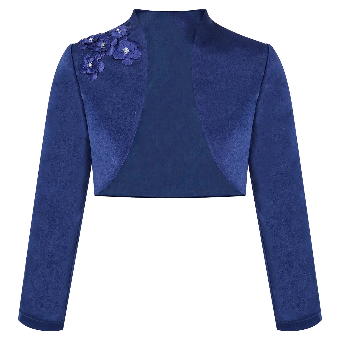 Kids Girls Satin Bolero Jackets Rhinestone Flower Elegant Cardigan Long Sleeve Open Front Shrug Cape Wedding Party Dress Outwear