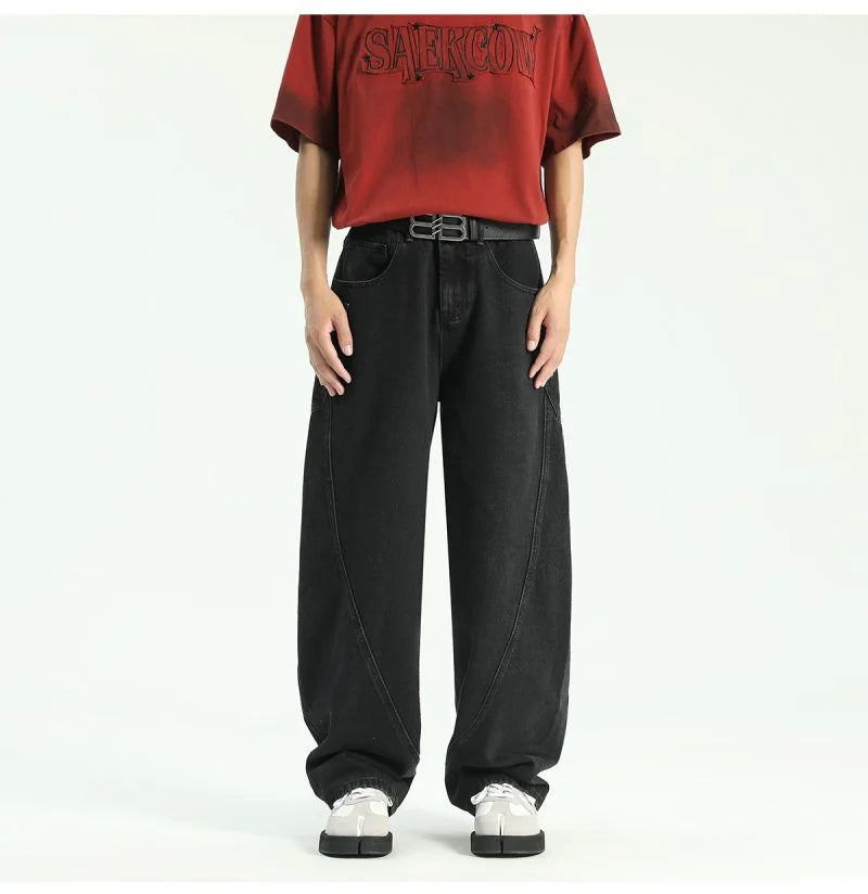 New Vintage Men‘s Patchwork Baggy Jeans Draped Straight-leg Denim Trousers Autumn Korean Fashion High Street Casual Y2K Jean