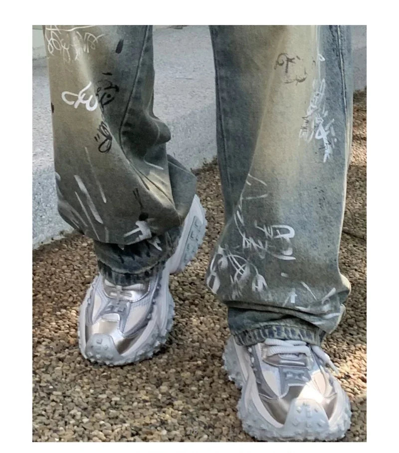 New Graffiti Printed Baggy Jeans For Men Y2K Vintage Distressed Blue Harajuku Denim Pants High Street Straight-leg Jean Trousers