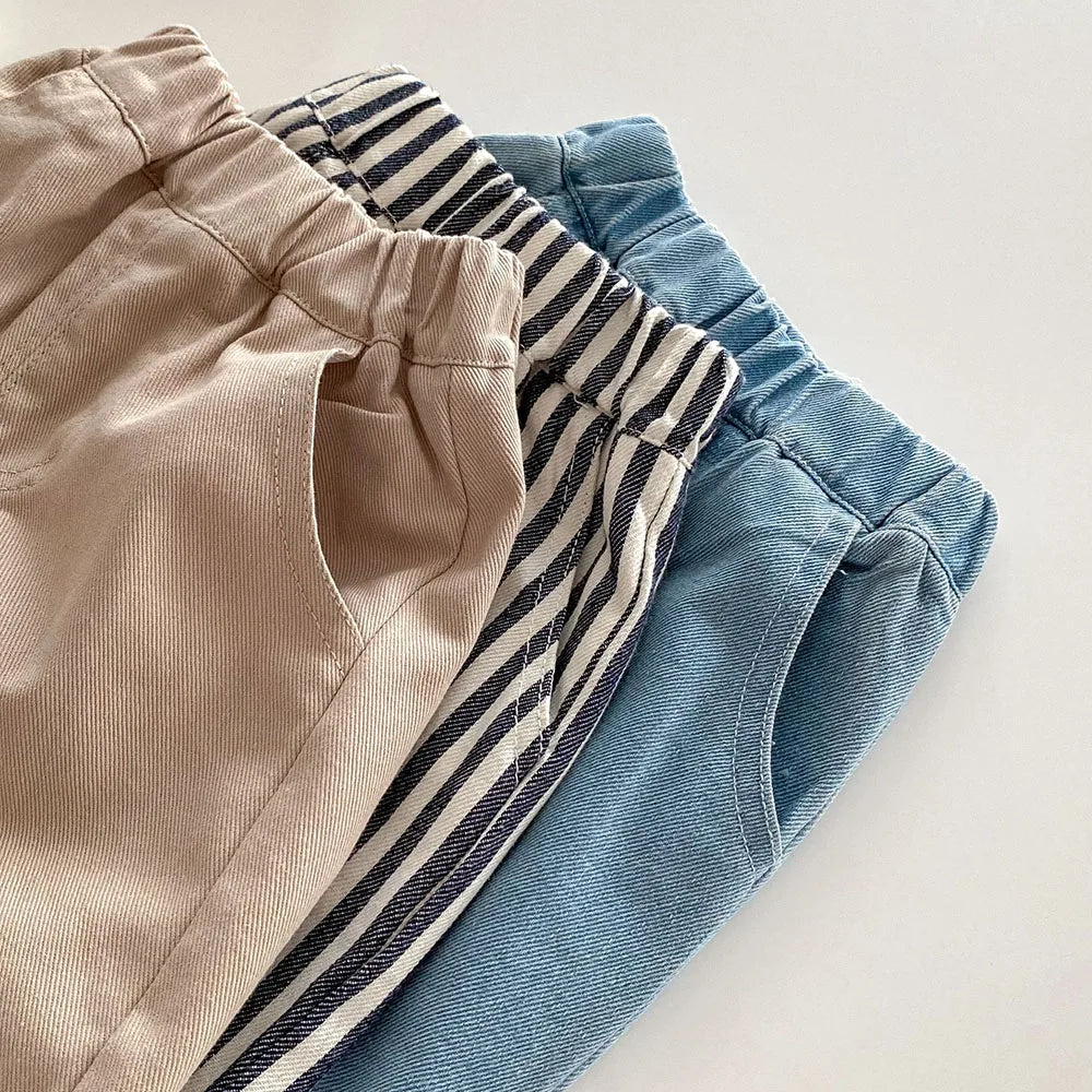 1-5Y Kid's Jeans Loose Solid Boys Denim Pants Patchwork Pocket Girls Straight Trousers Casual Kids Outdoor Pants