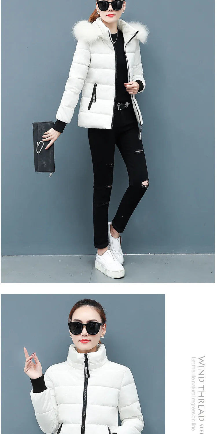 Solid Color Detachable Hooded Hair Collar Slim-fit Cotton-padded Jacket, Women's Winter New Warm Casual Stand Collar Padded Coat