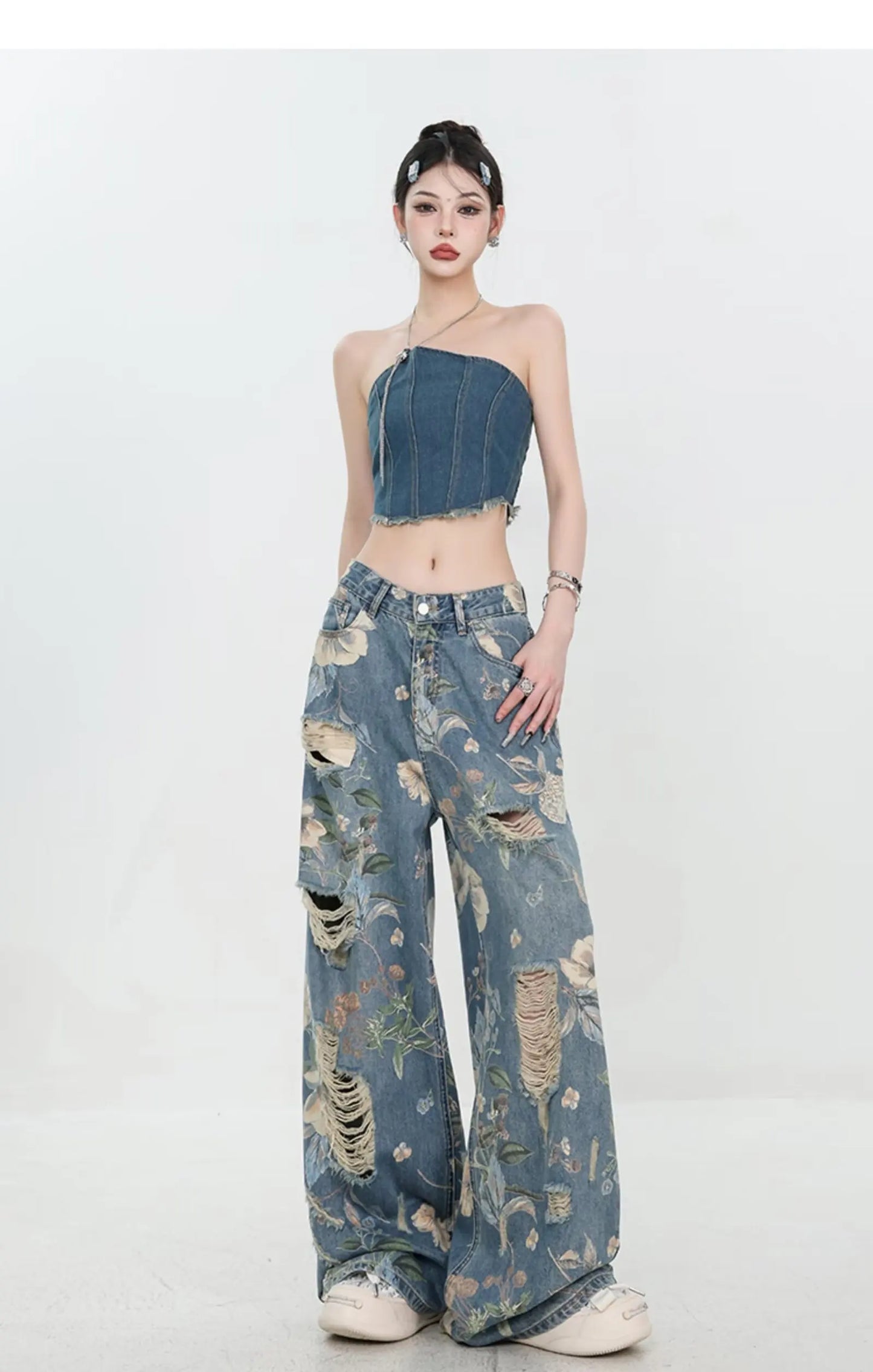American Street Print Jeans For Women Trendy Style Loose And Versatile Floor-length Wide-leg Pants With A Versatile Design