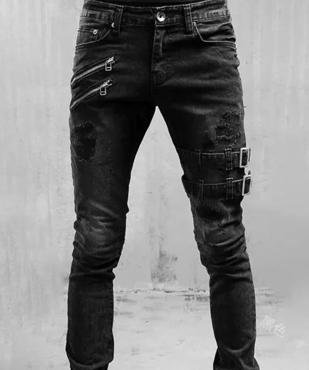 Pantalones vaqueros de tubo para hombre, de cintura media, estilo motociclista, lavados, con bolsillos, ajustados, ligeramente elásticos, hasta el tobillo, con cremallera, 2024