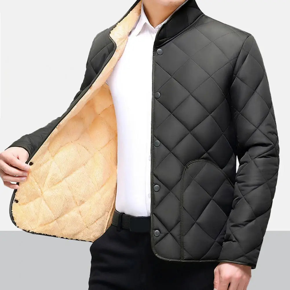 Single-breasted Coat Thickened Cotton Coat Cozy Men's Winter Coat Thick Plush Padding Stand Collar Warm Neck Protection Plus