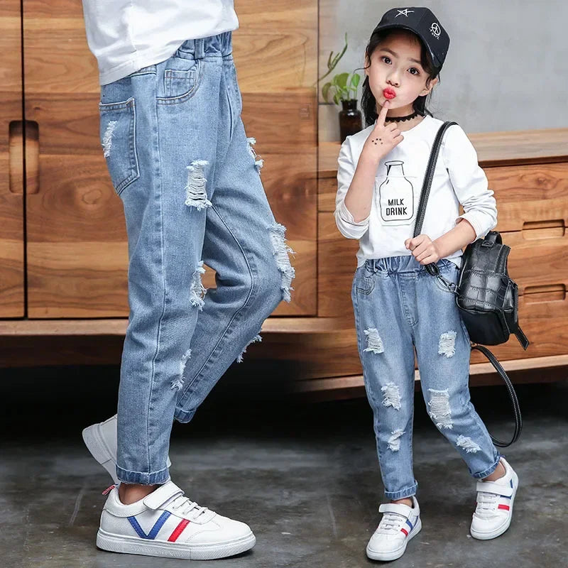 Pantalones vaqueros de moda para niños, vaqueros rotos para adolescentes, pantalones con agujeros, ropa informal para niños, pantalones vaqueros atractivos para primavera y otoño para niños y niñas.
