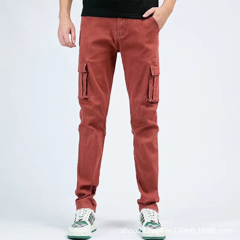 Nuevos pantalones vaqueros ajustados con bolsillos laterales para hombre, pantalones pitillo de mezclilla de cintura alta de color liso, pantalones de verano