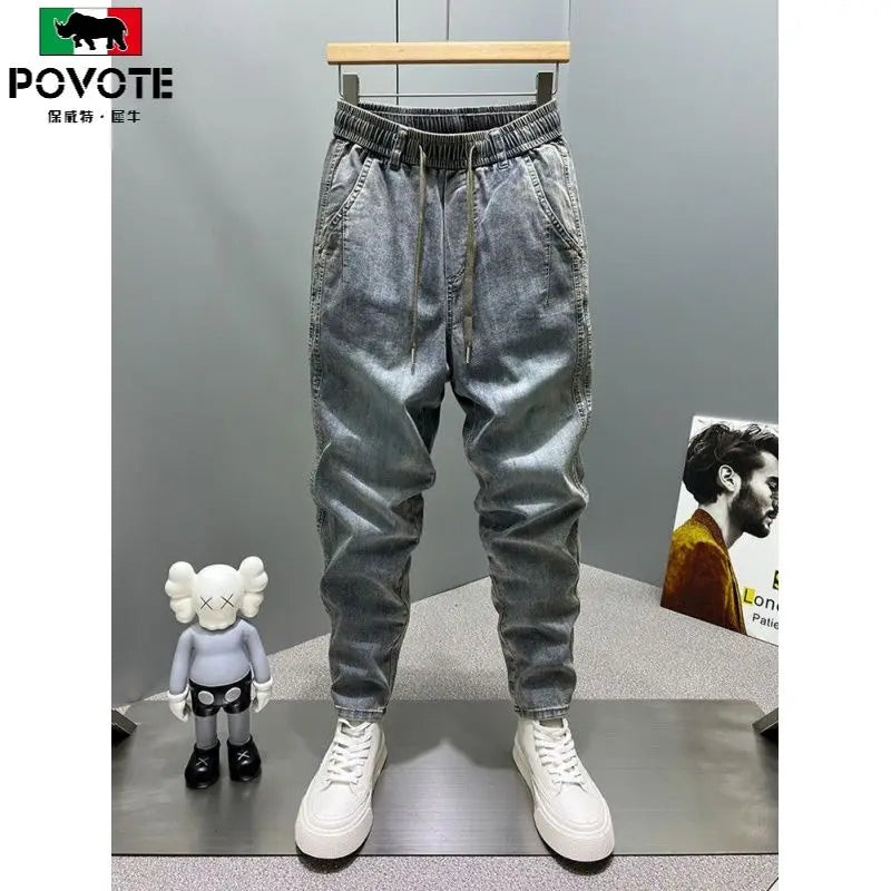Pantalones vaqueros casuales vintage con cordón ajustable para hombre, de forro polar grueso y holgados, para otoño e invierno.