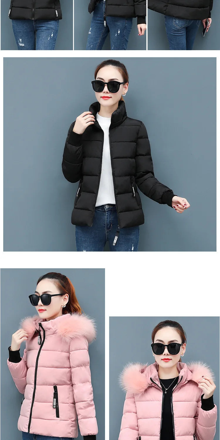 Solid Color Detachable Hooded Hair Collar Slim-fit Cotton-padded Jacket, Women's Winter New Warm Casual Stand Collar Padded Coat