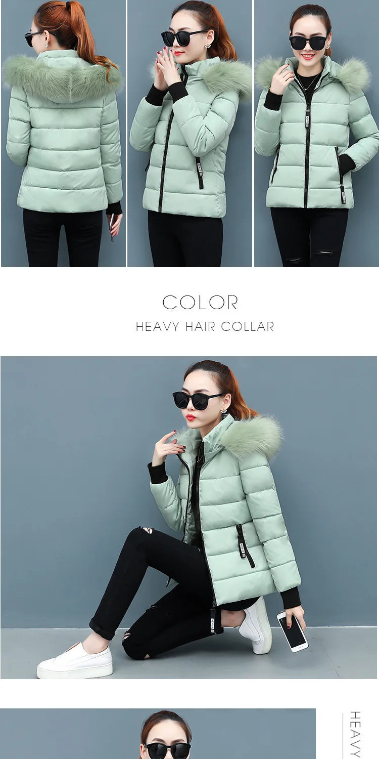 Solid Color Detachable Hooded Hair Collar Slim-fit Cotton-padded Jacket, Women's Winter New Warm Casual Stand Collar Padded Coat