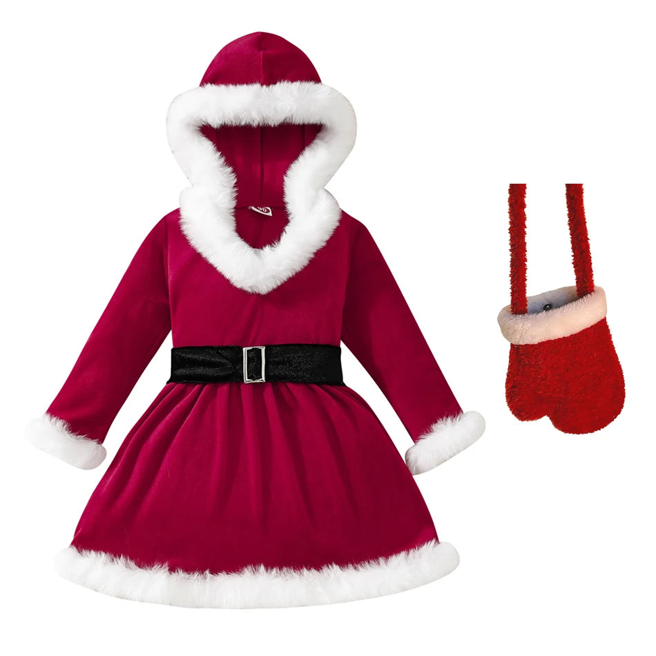 Children Christmas Party Dress Velvety with Fluffy Trim Hooded V-Neck Xmas Gown with Waist Bow Girl Red Christmas Dress