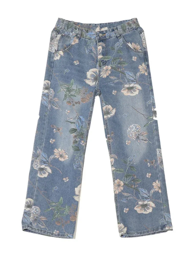 Autumn Floral Printed Jeans For Men 2024 New Y2K Vintage Denim Pants Hip Hop Fashion Wide-leg Baggy Jean Streetwear Trousers