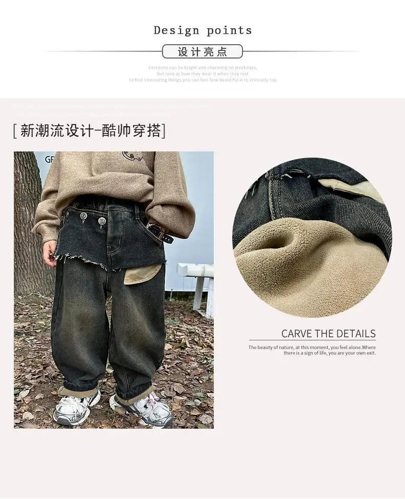 Spring and Autumn Boys' Integrated Velvet Jeans New Korean Splicing Children's Autumn and Winter Thick Velvet Denim Pants