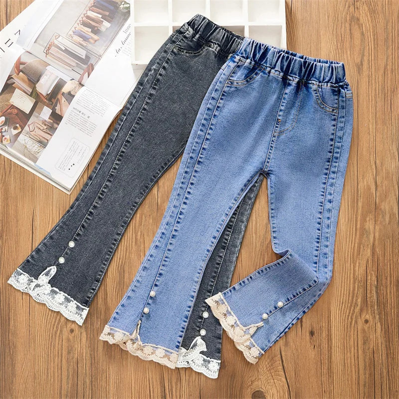 2-12 Year Old Girls Jeans Fashion Lace Elastic Denim Flared Pants Spring Autumn Solid Color Trousers Teenager Kids Girl Clothing