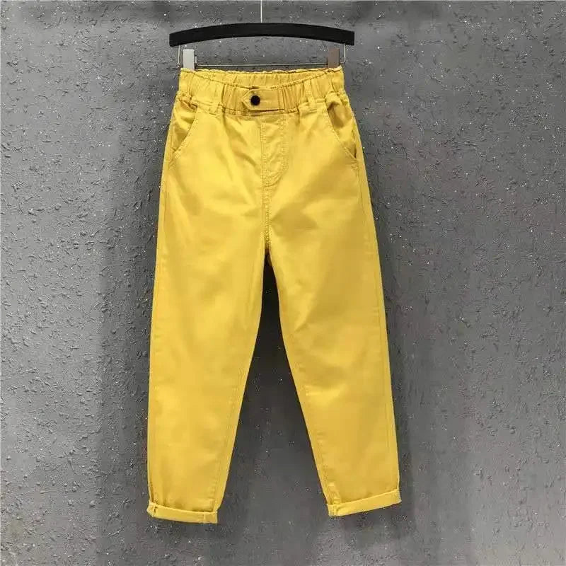 2025 Fashion Summer Women Harem Pants All-matched Casual Cotton Denim Pants Elastic Waist Solid Yellow White Jeans Female 3XL