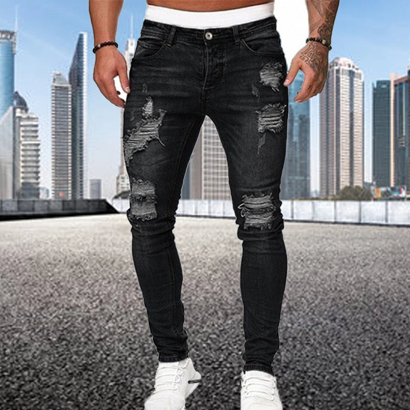 Men Jeans Fashion Street Hip-Hop Jeans Male Punk Style Denim Pants Summer Spring Men Stretchy Slim Fit High Quality Mans Jeans