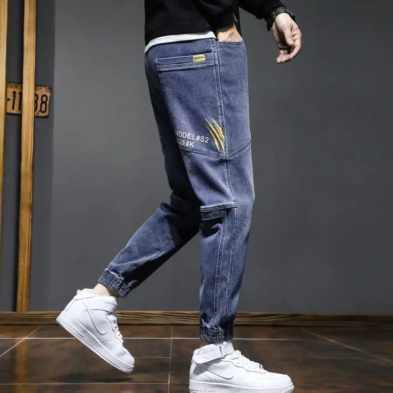 Spring Autumn 2022 New Denim Jeans Men's Elastic Waist Loose Students Teenagers Cowboy Streetwear Harem Leg Long Track Pants Men