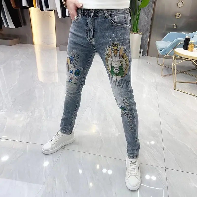 Vaqueros ajustados de alta gama para hombre, de estilo coreano europeo, con estampado de diamantes de tigre, para uso informal, ropa de lujo elástica para primavera y otoño.