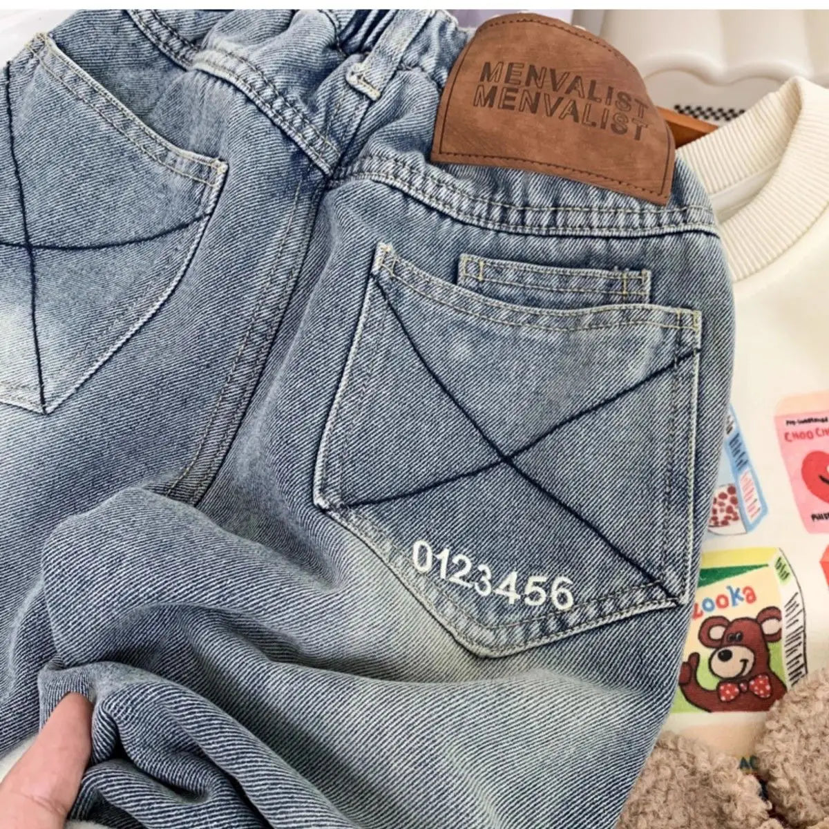 New Boys' All in One Fleece Jeans Autumn and Winter Children's Stylish Warm Pants Kids Handsome Elastic Trousers