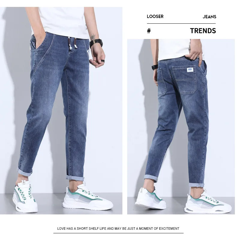 2023 New Summer Thin Style Korean Street LUXURY Work Pants Men's Elastic Waist Jogger Jeans for Work Wear Clothing Denim Jeans